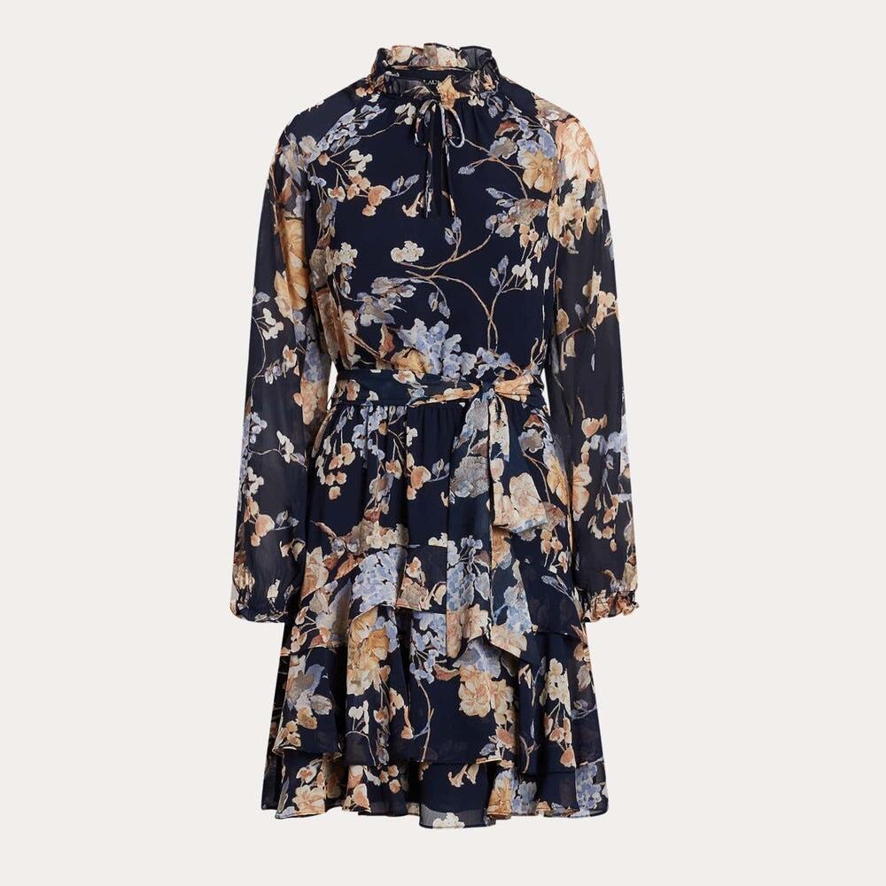 NEW Lauren Ralph Lauren Floral Crinkle Georgette Belted Dress Navy Ruffle Tiered